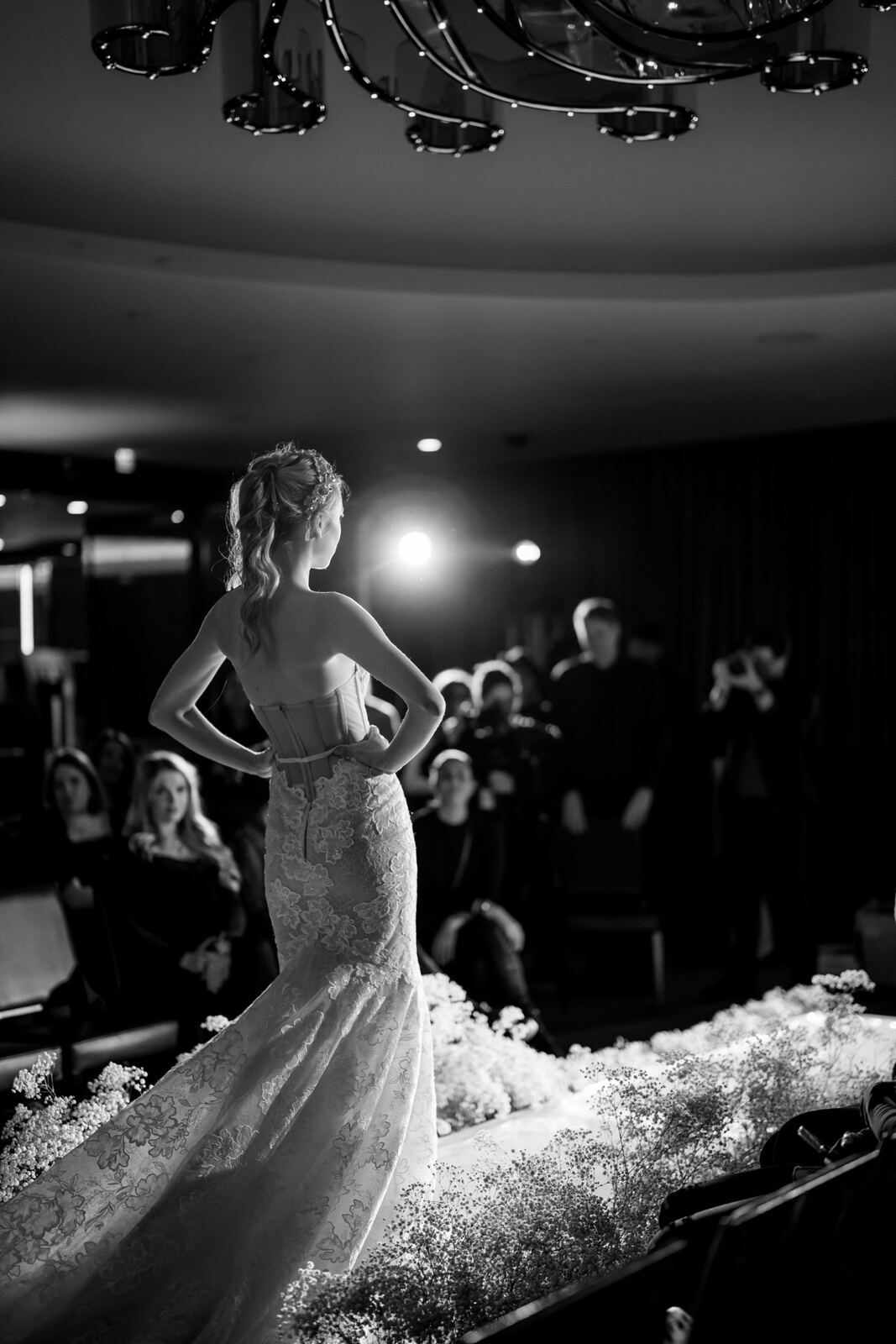 Black and white London bridal runway portrait