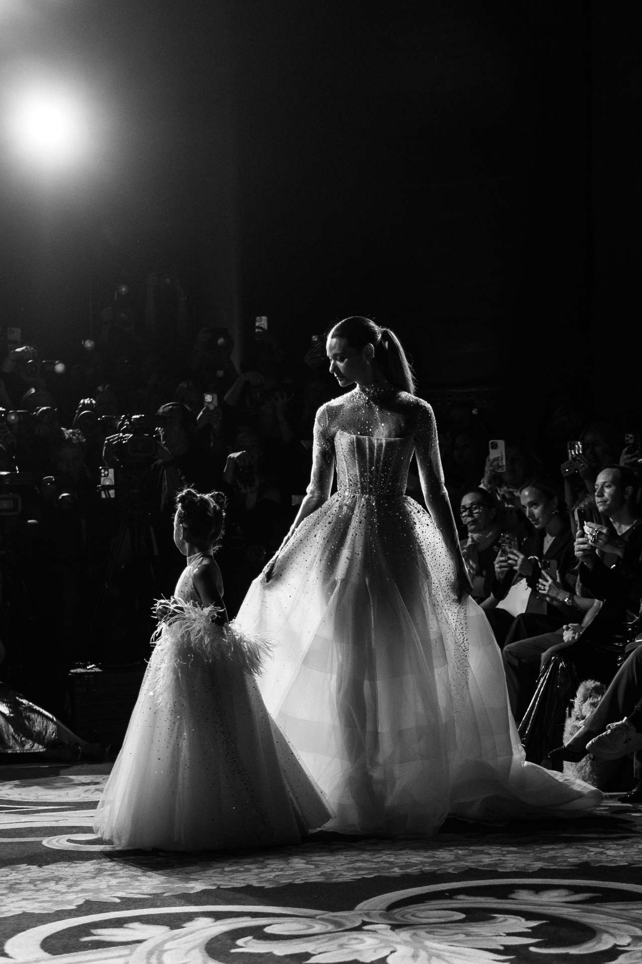 Black and white runway ballgown
